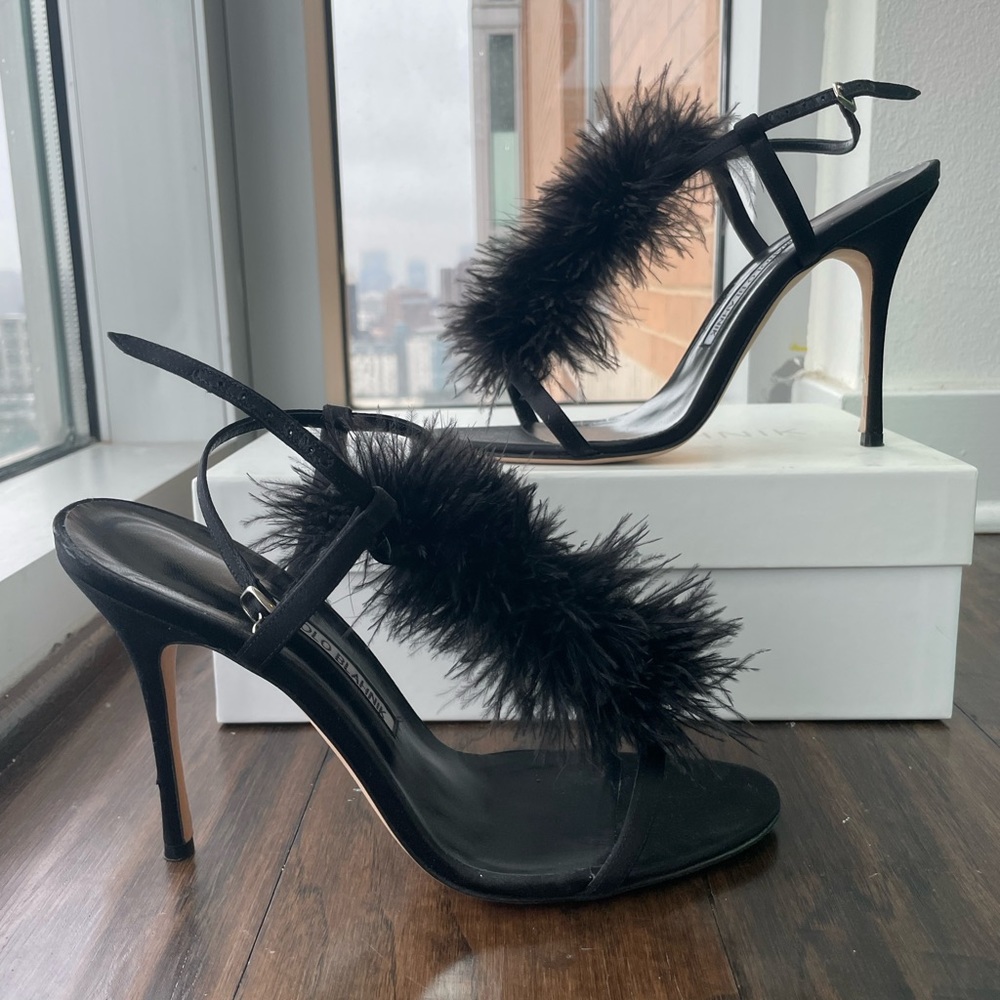 Manolo Blahnik Eila, black marabou, size 39